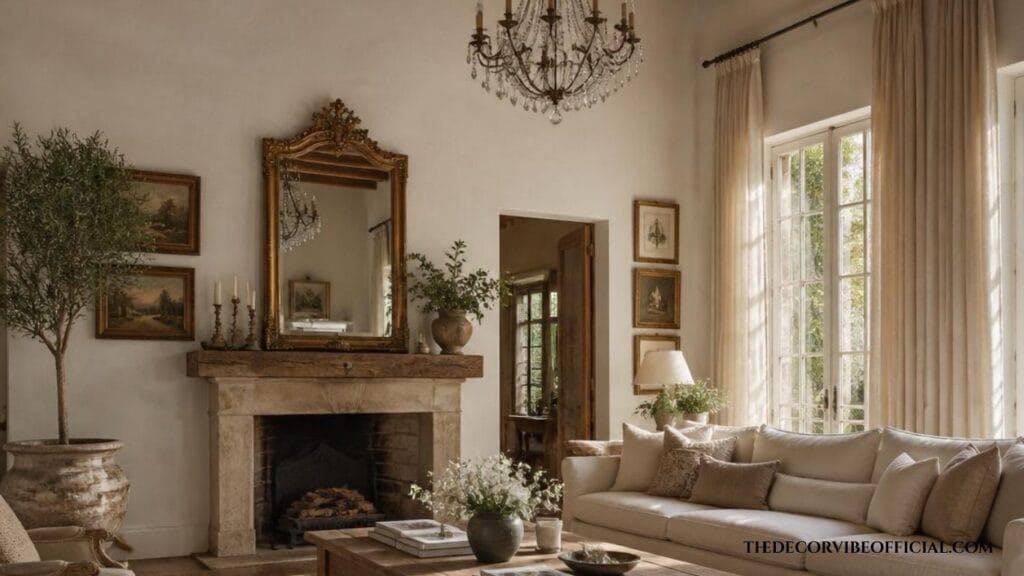 Elegant French country living room featuring a linen sofa, antique wood furniture, stone fireplace, and timeless European decor.