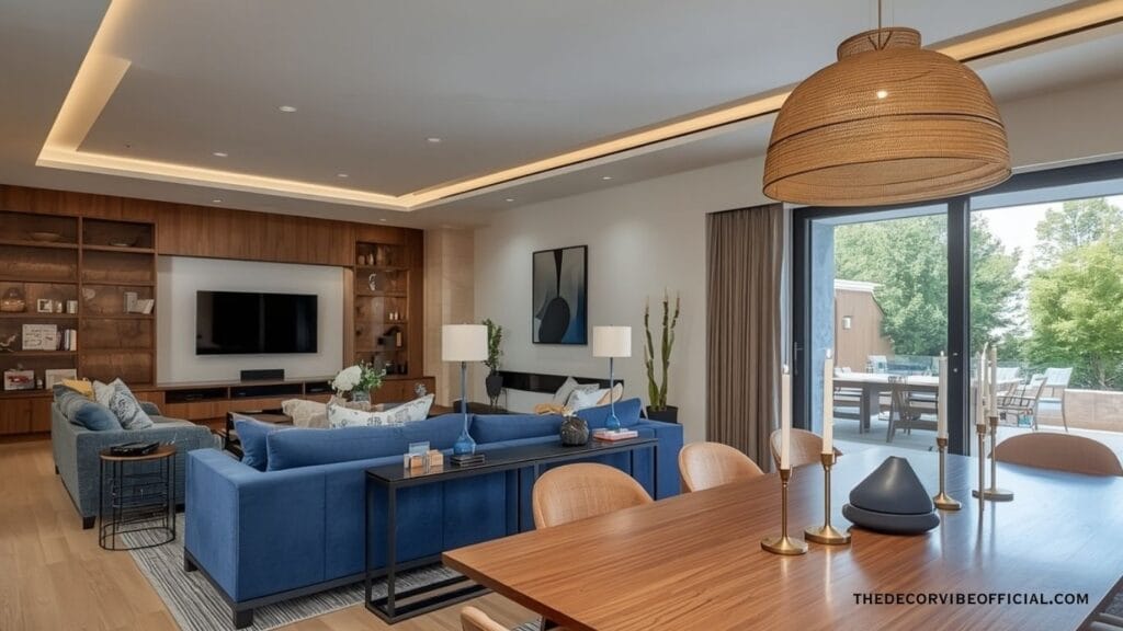 Affordable luxury home decor ideas with open plan living dining room TV wall candlesticks and blue sofa