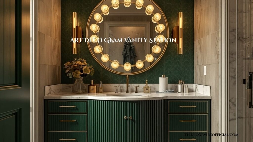 art deco bathroom vanity makeup counter idea with brass details