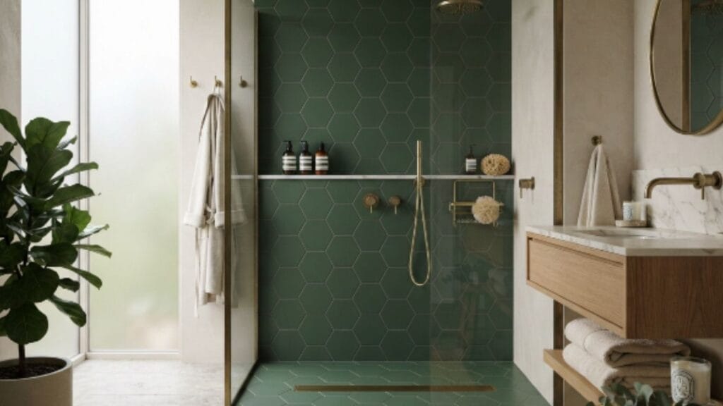 geometric accent wall ideas for bathroom with hexagon tile shower