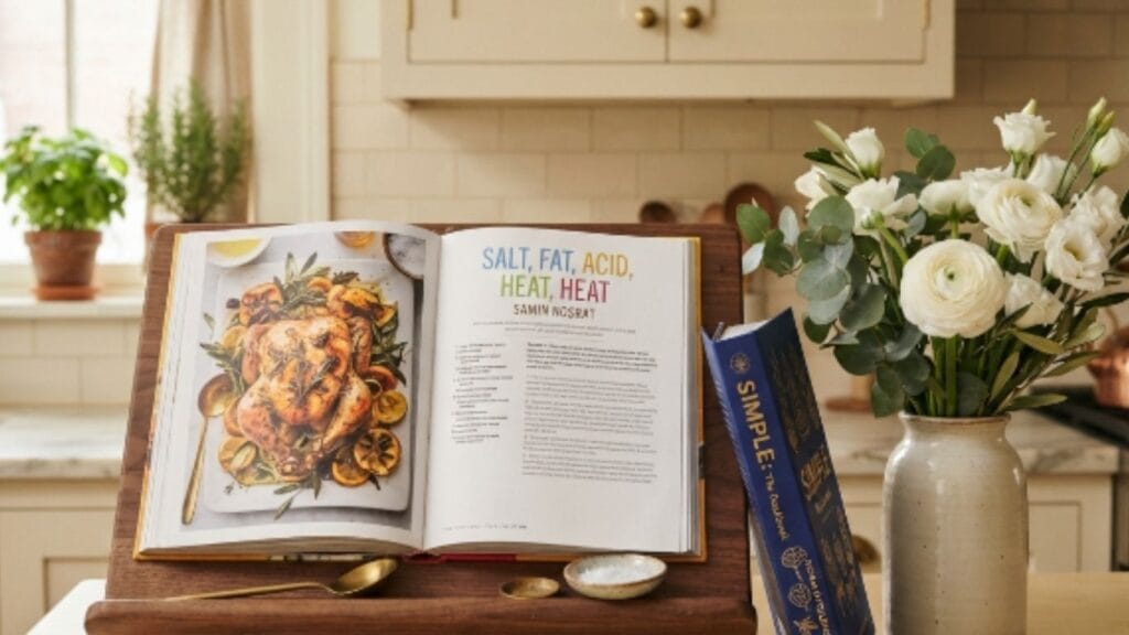 Wooden cookbook stand with open recipe book and fresh flower arrangement on kitchen counter