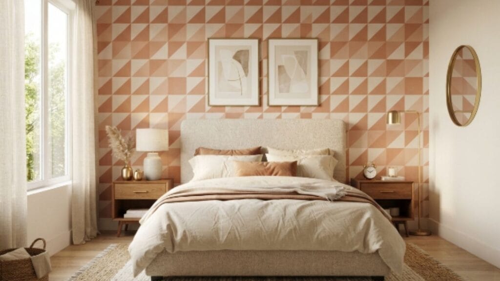 geometric accent wall ideas for a bedroom with terracotta triangle pattern