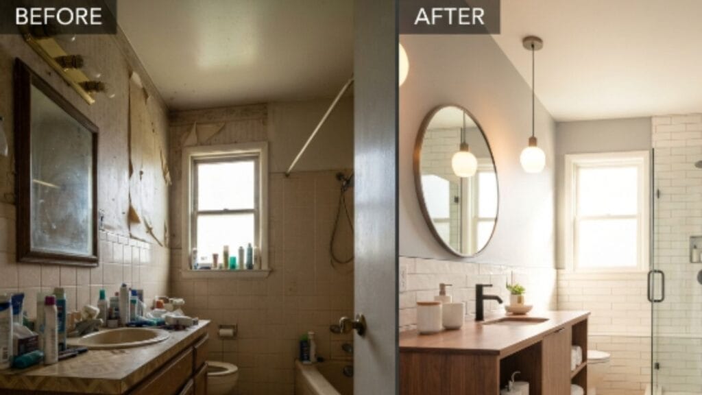 Before and after bathroom remodel showing transformation from dated vanity and harsh lighting to modern floating vanity with layered lighting and fresh white tile demonstrating practical budget-friendly bathroom remodel ideas