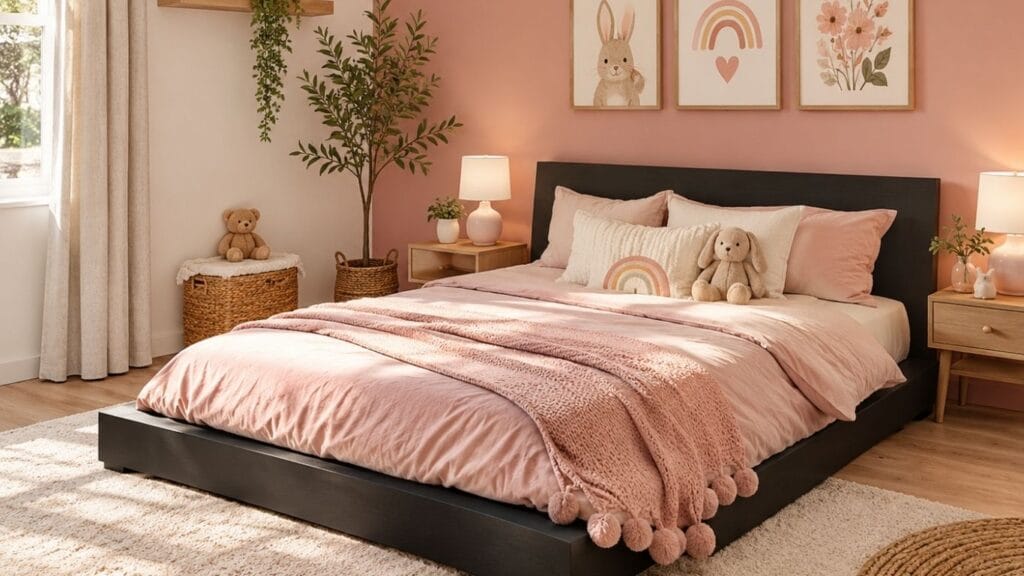 Black and pink toddler girl bedroom with matte black bed and blush wall