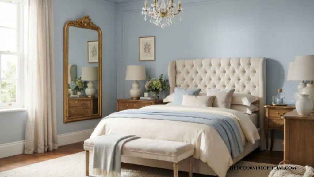 Blair Waldorf bedroom ideas with powder blue walls and a tufted cream headboard