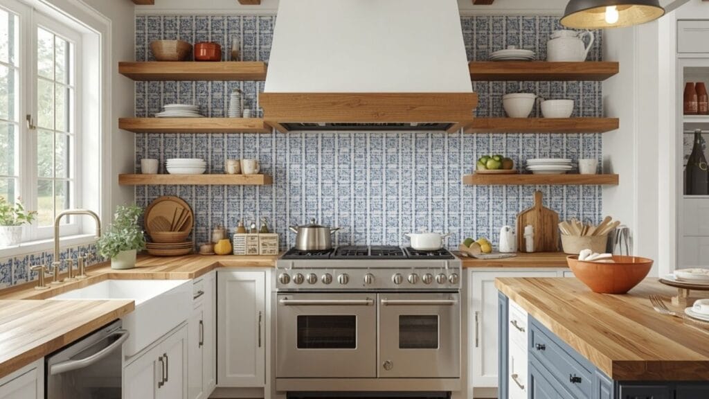 Blue and white patterned farmhouse kitchen backsplash in a French country kitchen