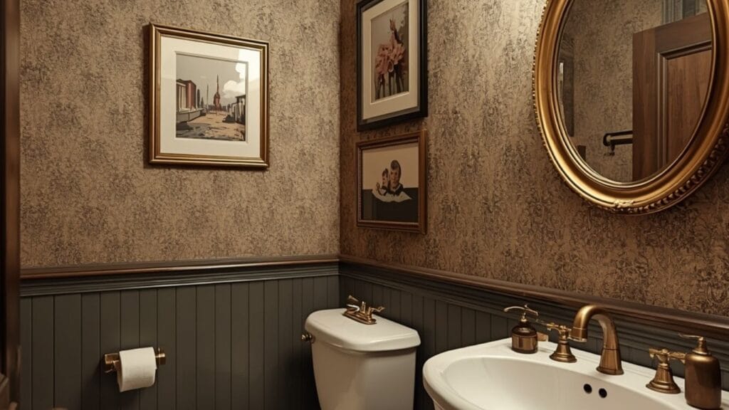 Bold guest bathroom ideas with patterned wallpaper accent wall