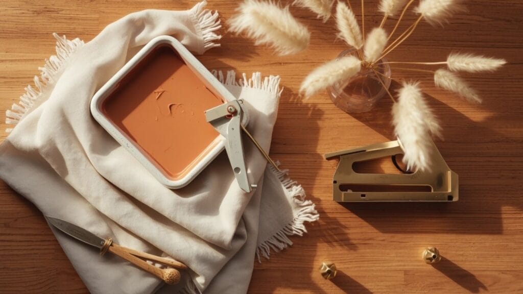 DIY home decor ideas on a budget flat lay with paint and styling tools