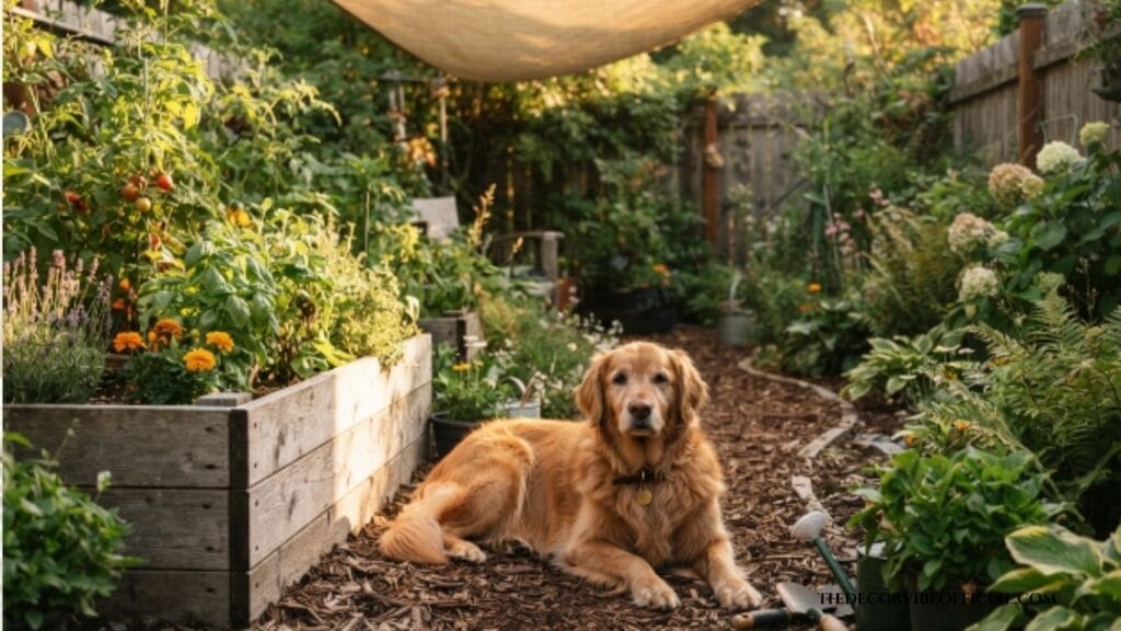 Dog friendly backyard ideas on a budget shown in a real mulched yard with shade sail