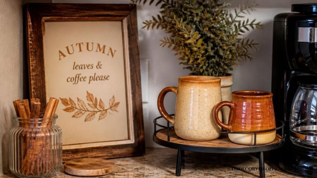 budget fall coffee bar ideas using cinnamon sticks and a thrifted sign