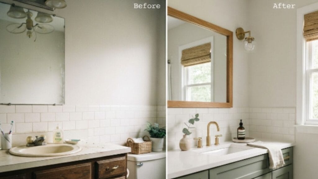 Budget-friendly guest bathroom ideas with painted vanity and new hardware