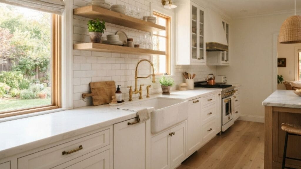Farmhouse kitchen backsplash in classic white subway tile above a farmhouse sink