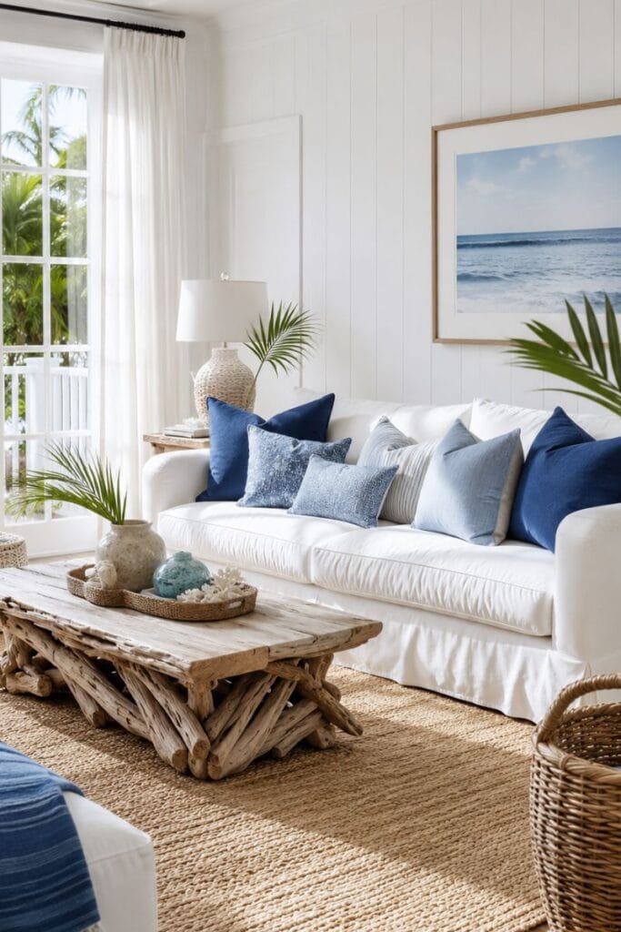 Classic blue and white coastal living room with driftwood coffee table