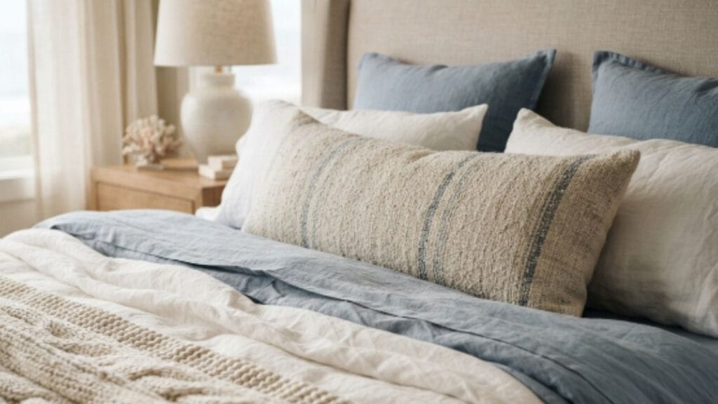 Layered linen bedding and textured throw in a coastal bedroom