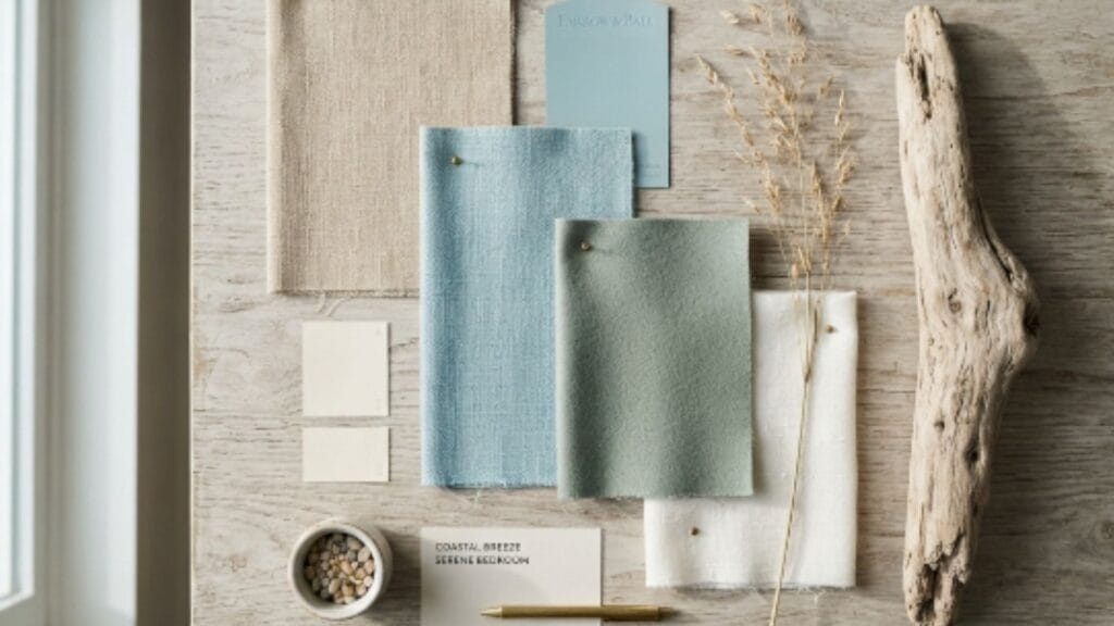 Coastal bedroom color palette with blue, sand, and sage tones