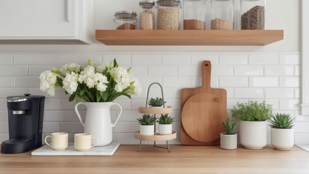 Fully styled kitchen counter featuring coffee station, fresh flowers, tiered plants, and organized storage