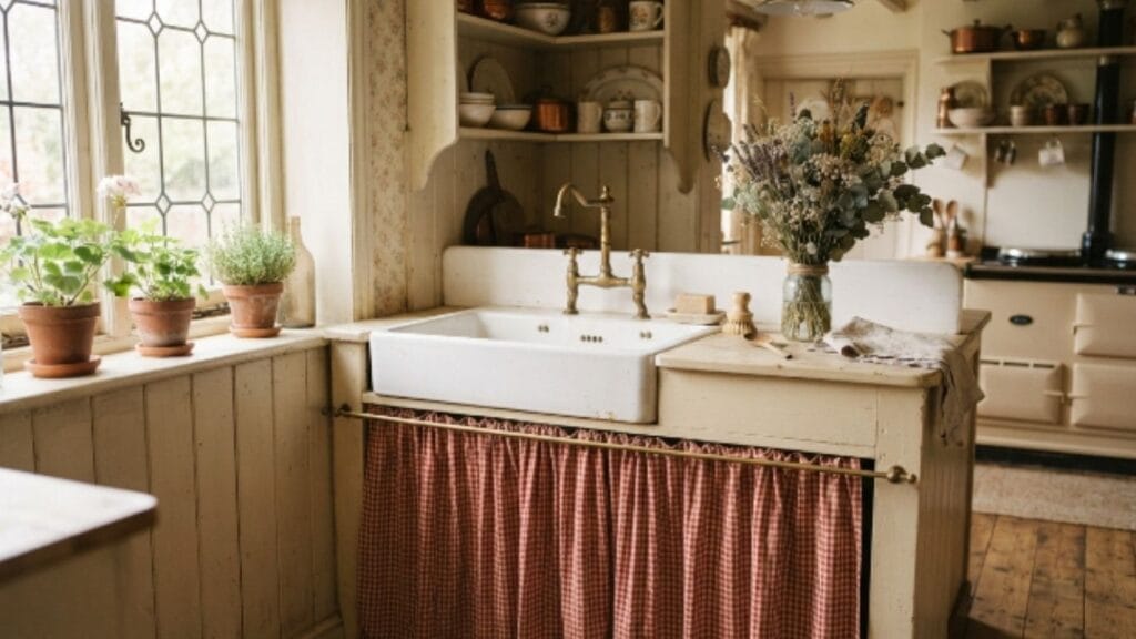 cottage corner sink kitchen decor ideas with curtain skirt