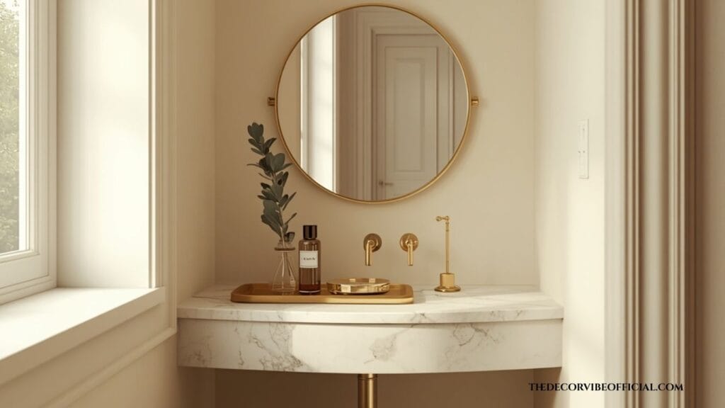 small bathroom vanity makeup counter idea in a cozy corner nook