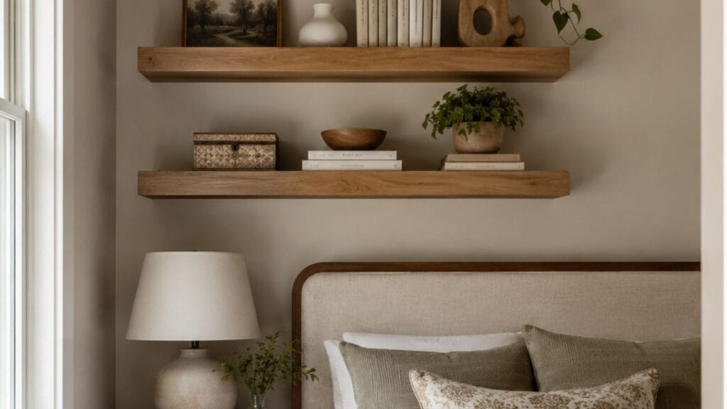 Floating shelves as small guest bedroom storage idea