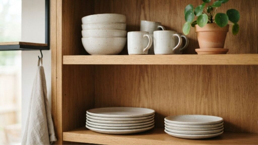 "Open shelving styled with minimalist kitchen ideas