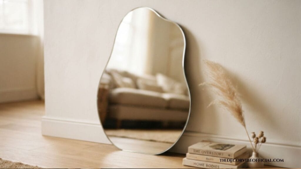 budget-friendly blob mirror decor ideas leaning against a wall