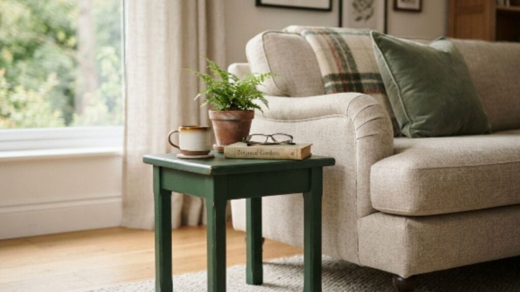 DIY painted accent table styled in a cozy budget living room
