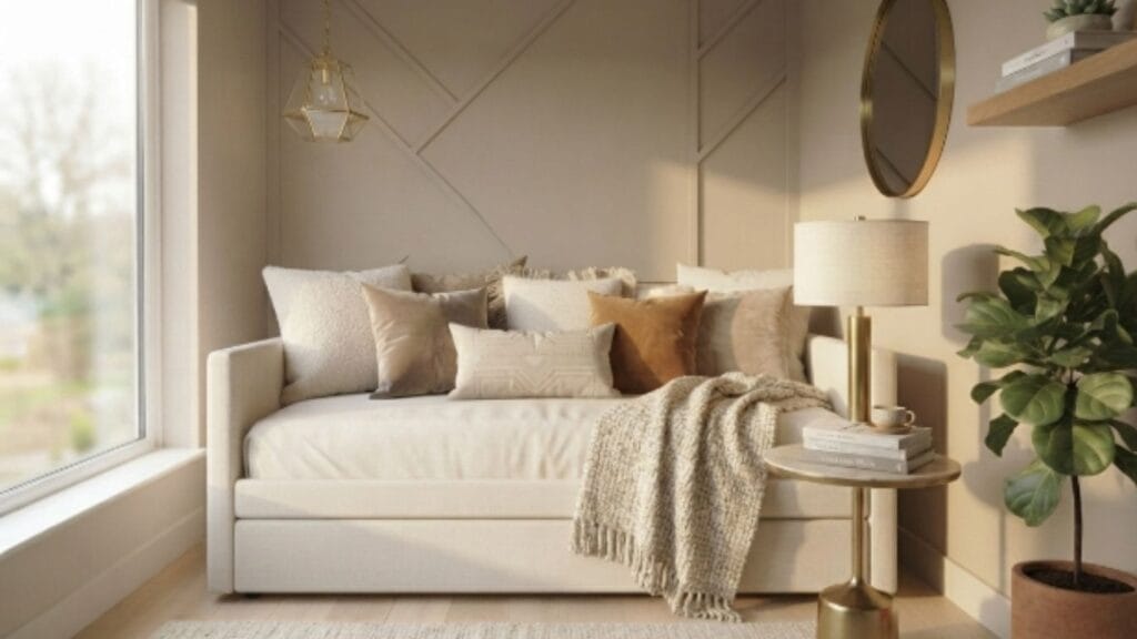 daybed styled for a guest room office combo living space