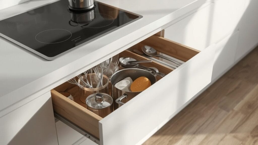 Deep drawer storage as part of minimalist kitchen ideas"