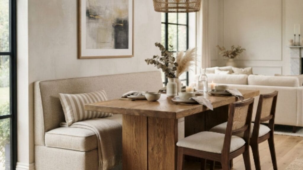 dining table against the wall in a small living room