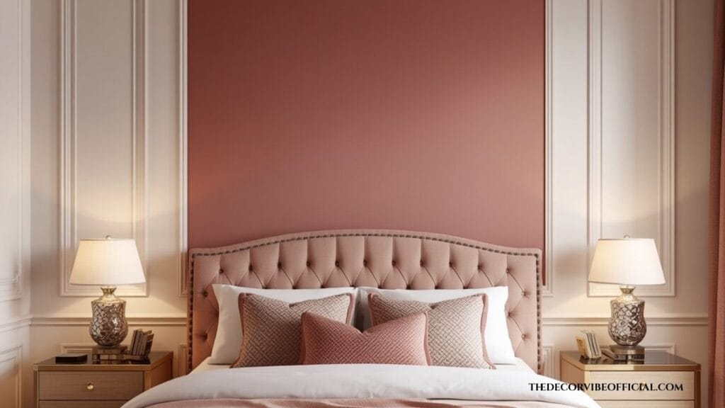 dusty rose accent wall in a modern bedroom