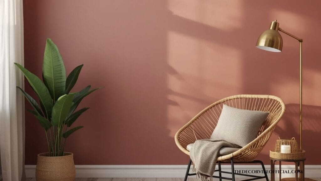 cozy reading corner in a dusty rose bedroom