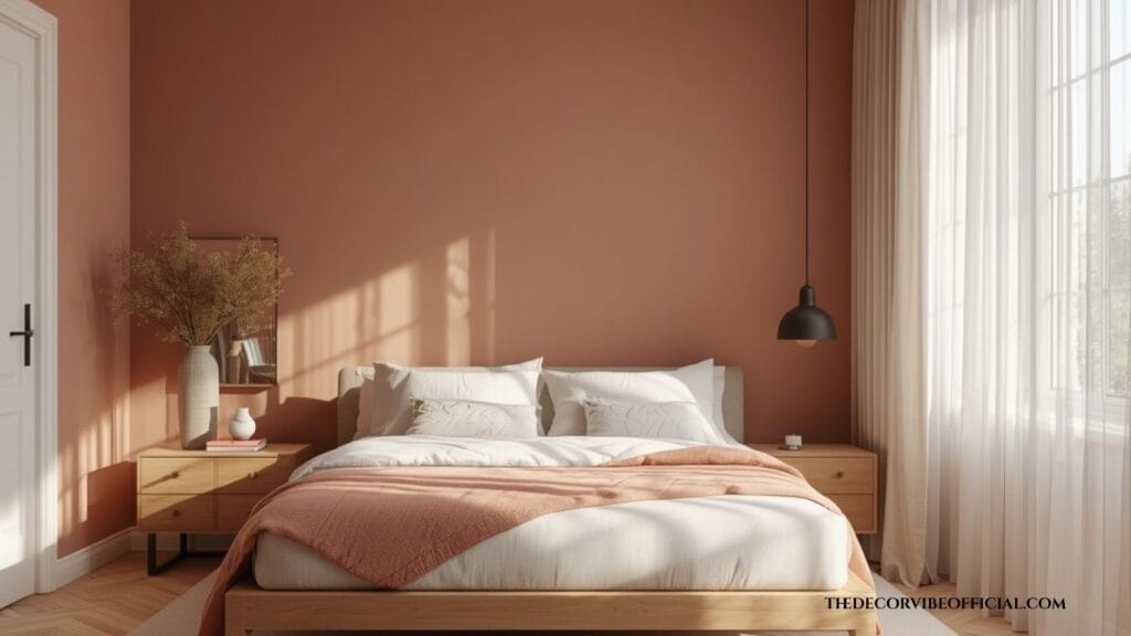 dusty rose bedroom ideas with warm oak furniture and linen bedding