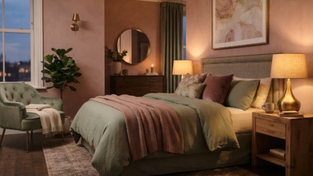 dusty rose and sage green bedroom color pairing