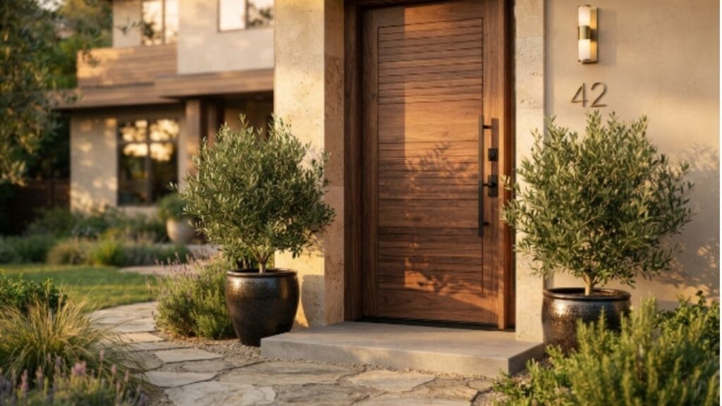 Wooden door design for main entrance with warm walnut finish and modern black handle