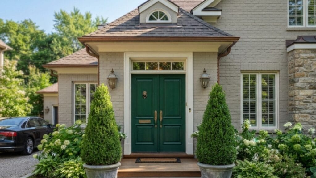 Bold wooden door design for main entrance in emerald green