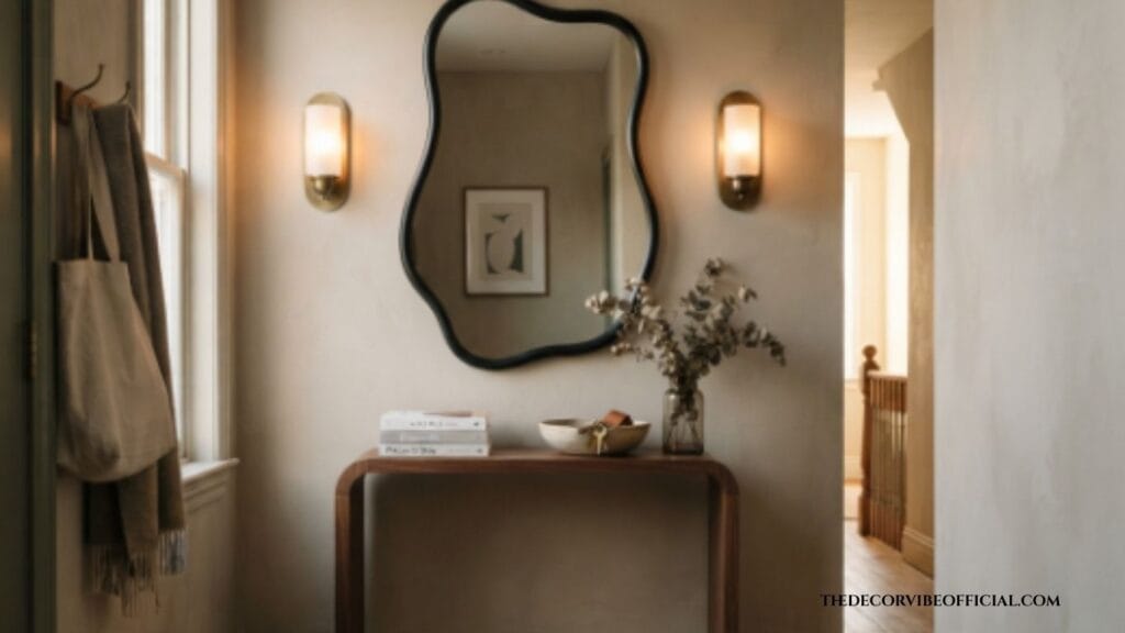 blob mirror decor ideas above an entryway console table