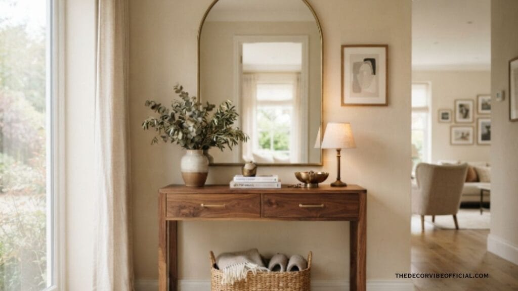 entryway mirror ideas with an arched mirror above a walnut console table