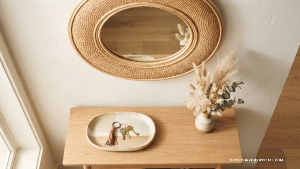 entryway mirror ideas styled with a console table and decor tray