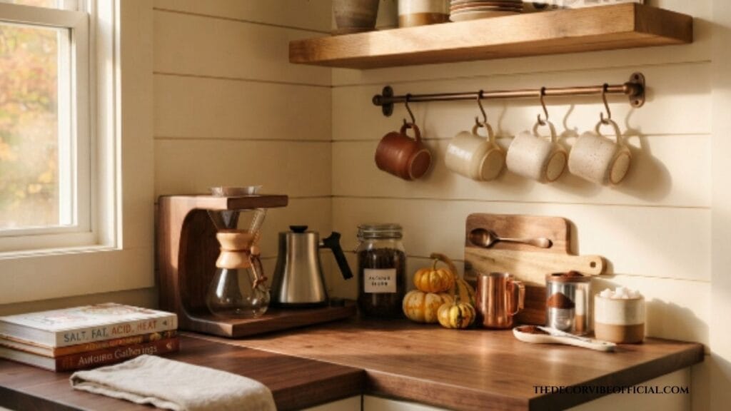 fall coffee bar ideas with rust mugs and pumpkin decor on wood shelf