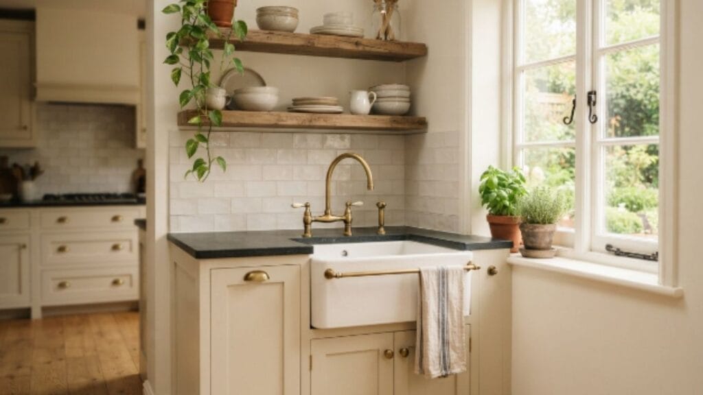 farmhouse style corner sink kitchen decor ideas with open wood shelving