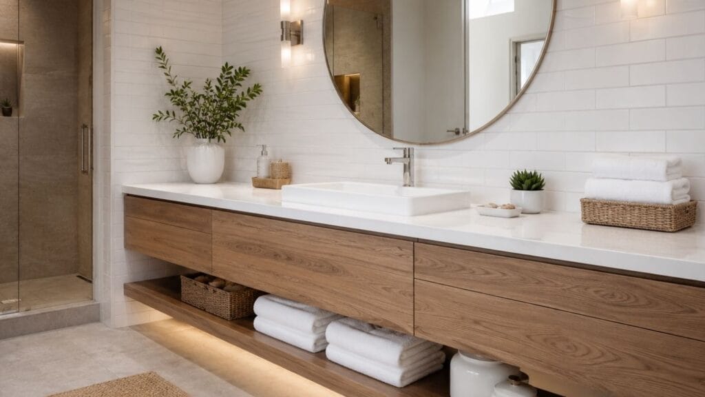 Floating walnut vanity with storage drawers and open shelves showing bathroom remodel ideas for organization