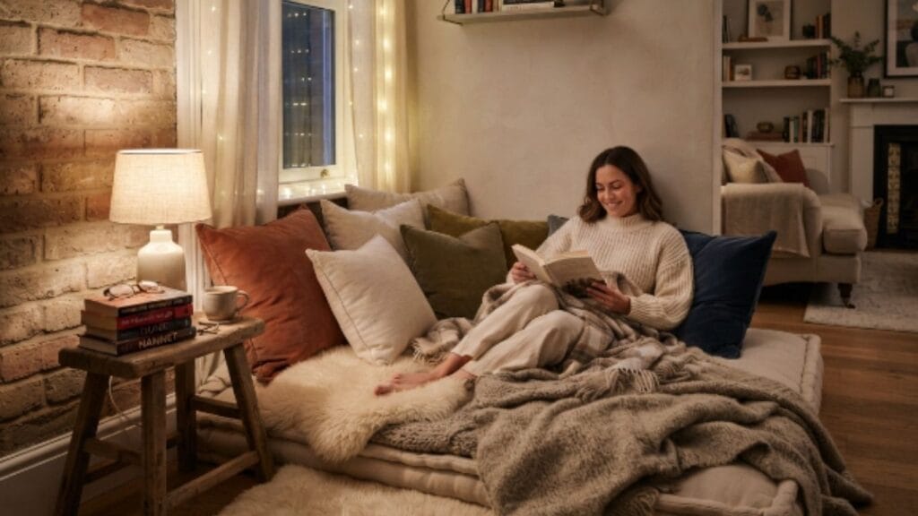 floor level reading nook cozy hygge christmas living room idea