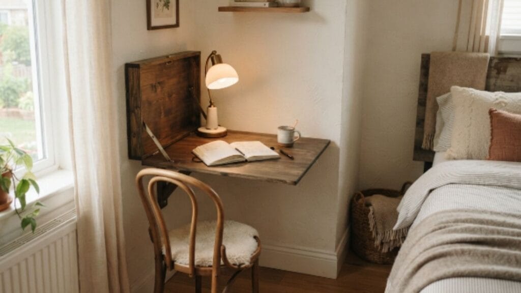 Fold-down desk nook small guest bedroom idea