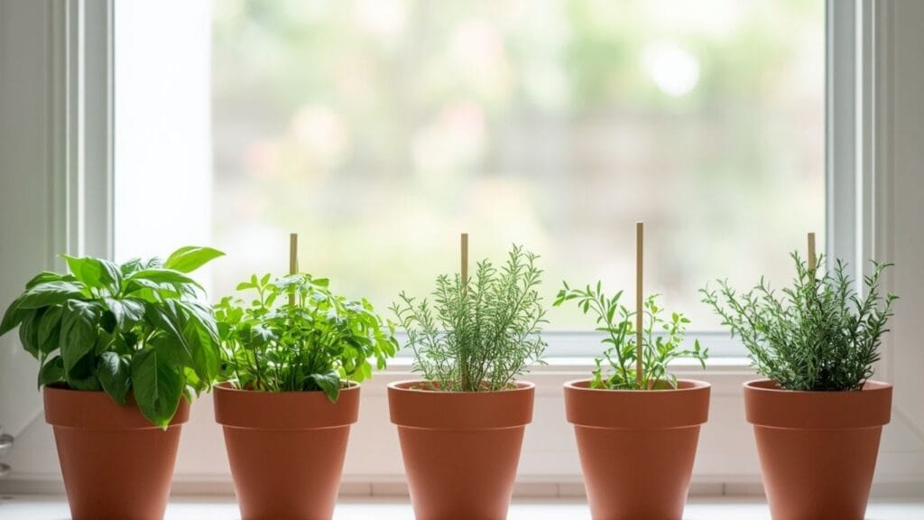Fresh herb pots arranged on sunny kitchen windowsill with labeled terra cotta containers