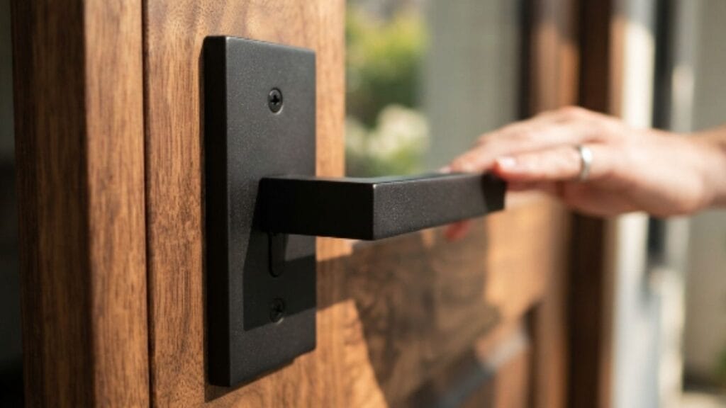 Hardware detail on a wooden door design for main entrance
