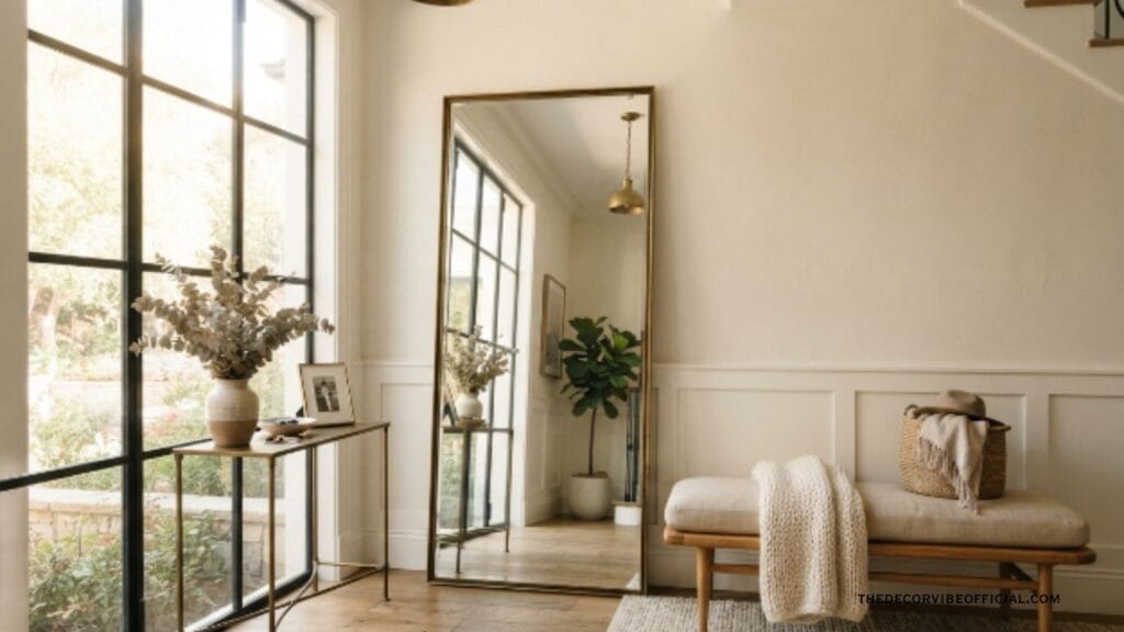 full-length entryway mirror idea leaning against a bright foyer wall