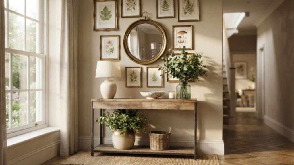 gallery wall entryway ideas with gold frames and botanical art