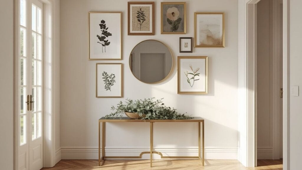gallery wall entryway ideas with gold frames and botanical art