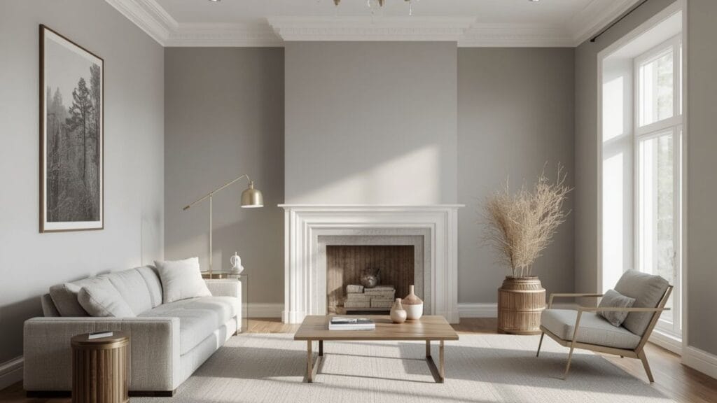 Benjamin Moore Gray Owl painted living room with warm wood floors