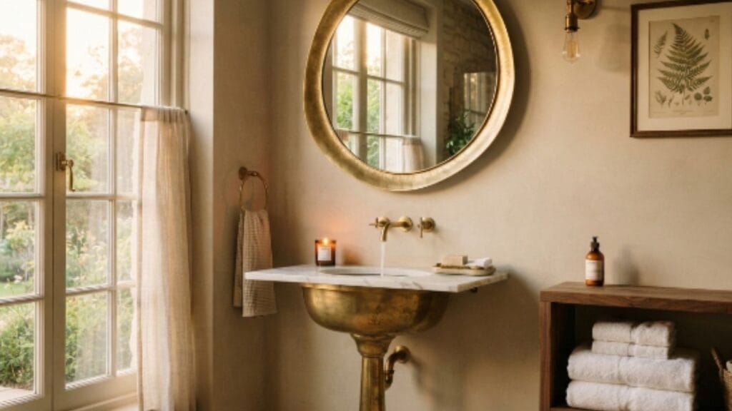 Gorgeous guest bathroom ideas with brass fixtures and round mirror